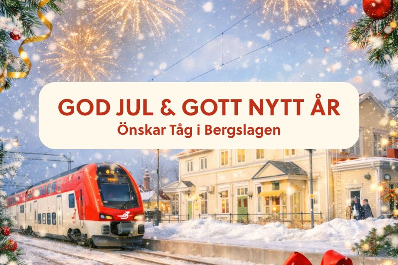 En bild på ett gulthus. Dubbedäckare tåg står på spåret brevid. Vinter och bilden är fylld med paket, julsaker och sedan står det texten God Jul och Gott nytt år önskar Tåg i Bergslagen